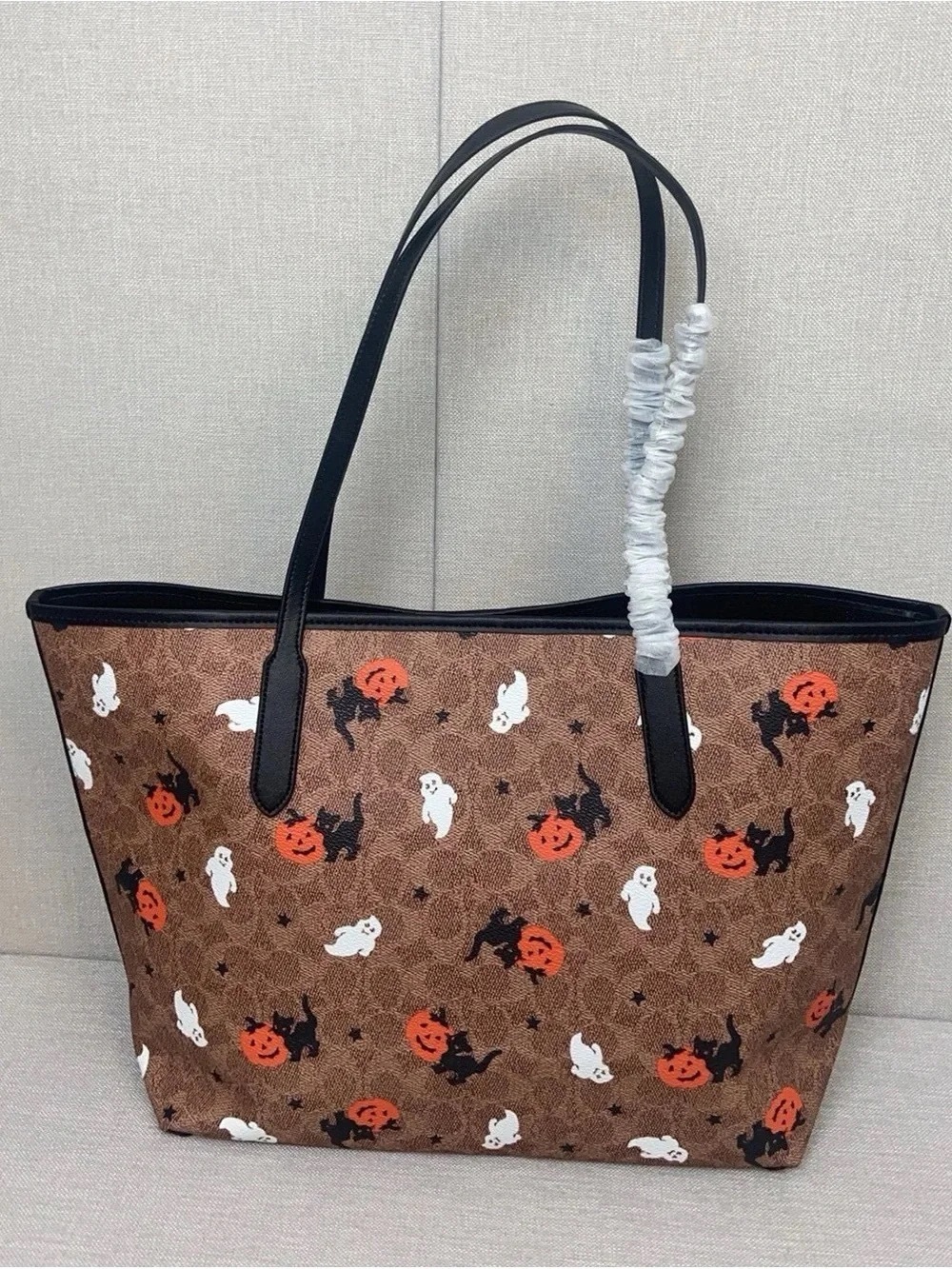 Coach Brown Halloween Print Tote with Black Handles and Orange Accents
